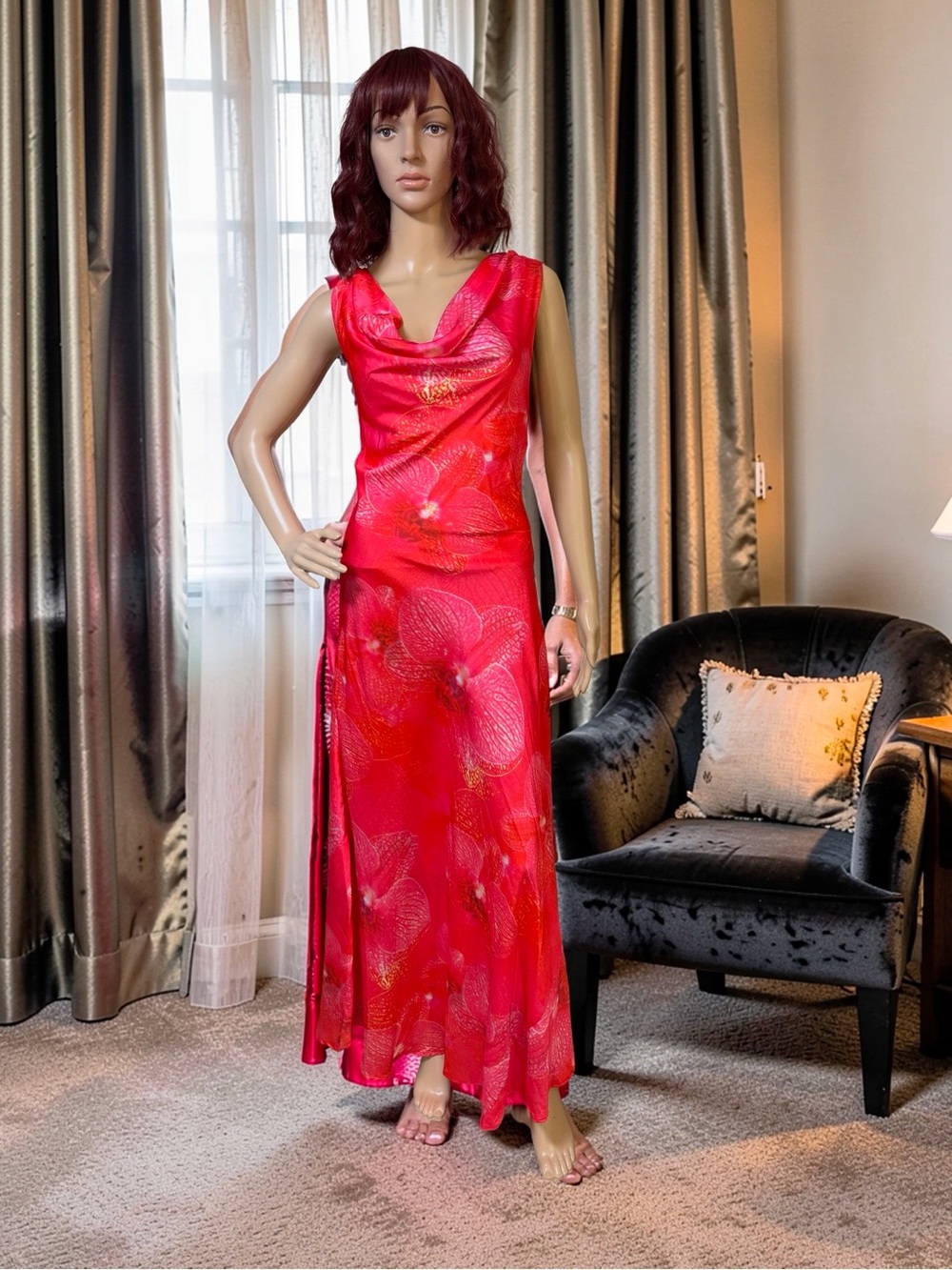 Paper Heart Anthropologie NWT Sz S Red Floral Cowl Neck Satiny Slip Dress (0854)